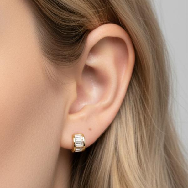 14K GOLD DIPPED WATER RESISTANT BAGUETTE HUGGIE STUD EARRING WITH CZ
