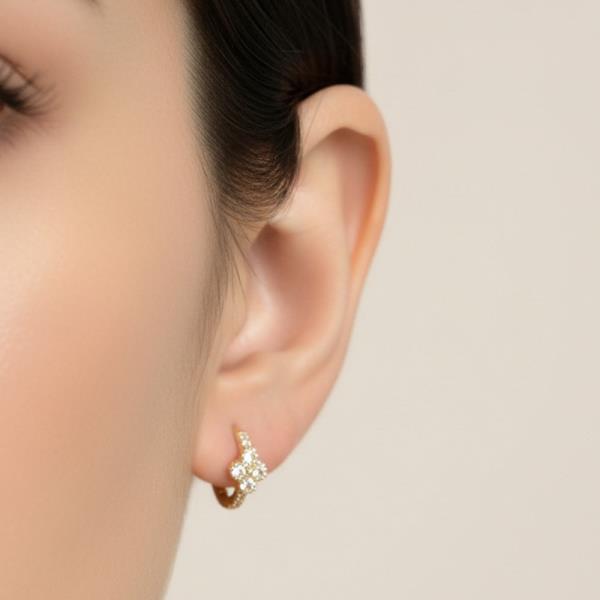 14K GOLD WHITE GOLD DIPPED WATER RESISTANT FLORAL HUGGIE EARRINGS WITH CZ PAVE