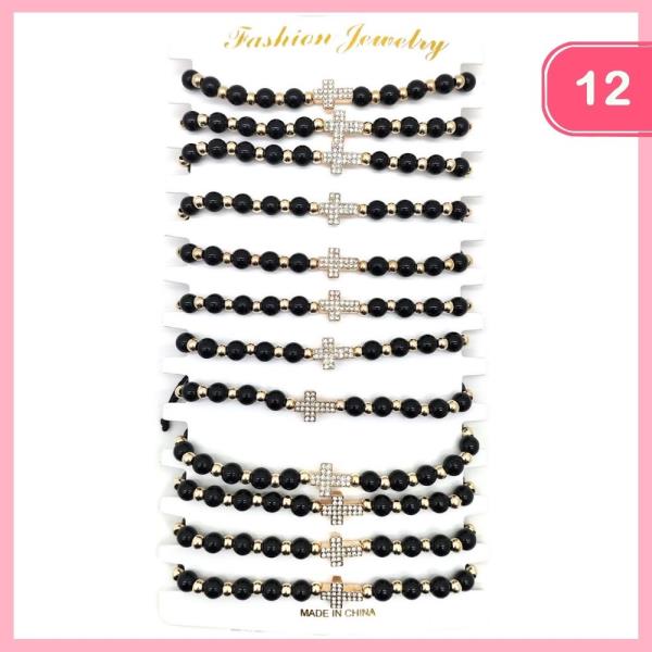 RHINESTONE CROSS CHARM BEADED BRACELET (12 UNITS)