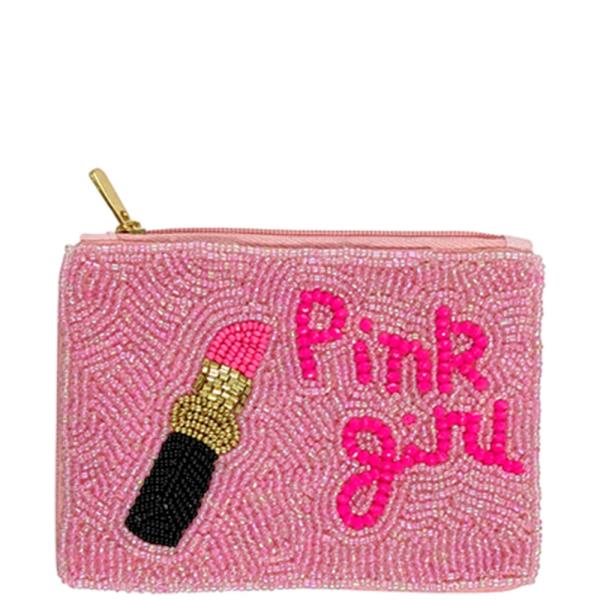 SEED BEAD LIPSTICK GRAPHIC TEXT ZIP COIN PURSE BAG