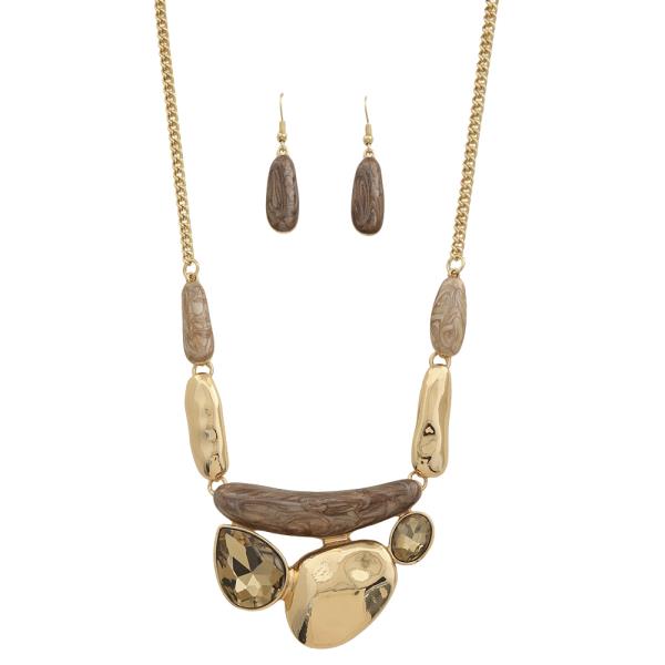 MIX SHAPED CRYSTAL METAL CHAIN NECKLACE EARRING SET