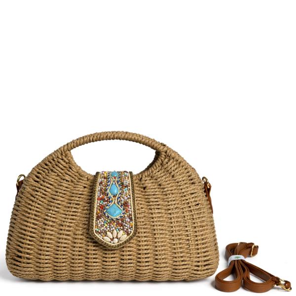 WOVEN STRAW BOHEMIAN DECORATED STYLE CURVE HANDLE CROSSBODY BAG
