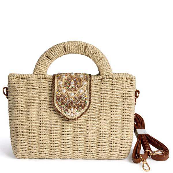 WOVEN STRAW DECORATED DESIGN HANDLE TOTE BAG W STRAP