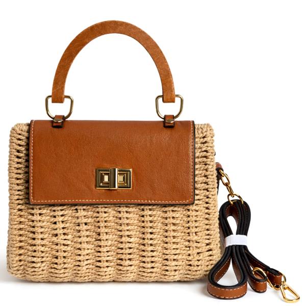 WOVEN STRAW TWIST LOCK HANDLE SATCHEL BAG