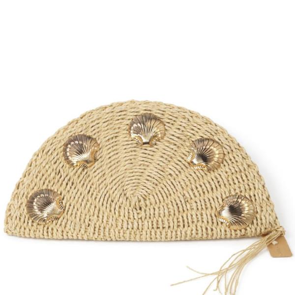 WOVEN STRAW SHELL TASSEL HALF MOON CLUTCH BAG
