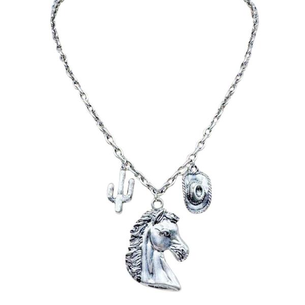 METAL WESTERN HORSE CACTUS COWBOY HAT MULTI CHARM NECKLACE