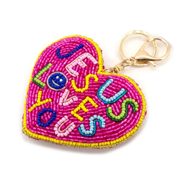 SEED BEAD JESUS LOVES YOU HEART BAG CHARM KEYCHAIN
