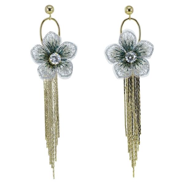 METAL FLOWER RHINESTONE FRINGE STATEMENT DROP EARRING