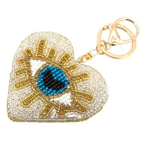 SEED BEAD HEART EVIL EYE KEYCHAIN