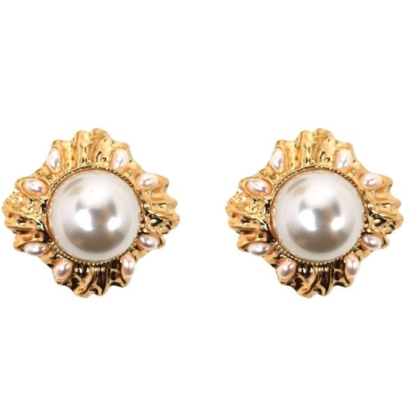 CRINKLED METAL FRAME WITH PEARL POST EARRING