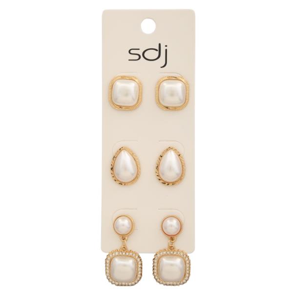 SDJ PEARL FRAME MIXED SHAPE STUD EARRING SET