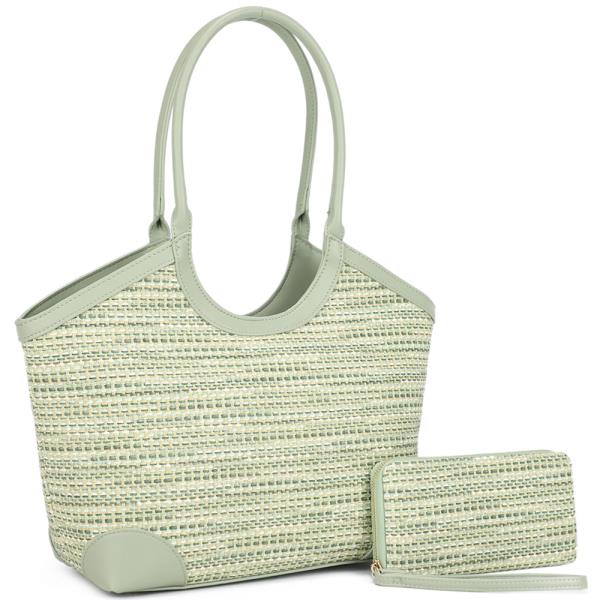 2IN1 COLORED WOVEN TEXTURED SHOULDER TOTE BAG W WALLET SET