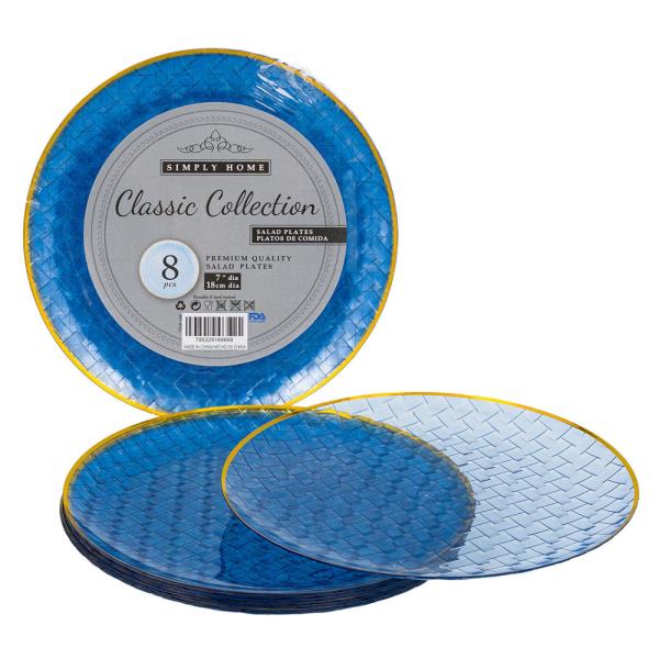 SIMPLY HOME CLASSIC COLLECTION DINNER PLATES, 8 PIECES, BLUE/GOLD