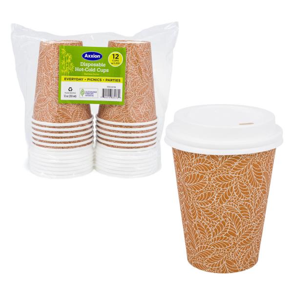 AXXION DISPOSABLE 16OZ HOT AND COLD CUPS WITH LIDS, 12 PACK