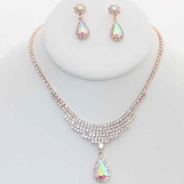 CRYSTAL STONE TEARDROP PENDANT NECKLACE EARRING SET