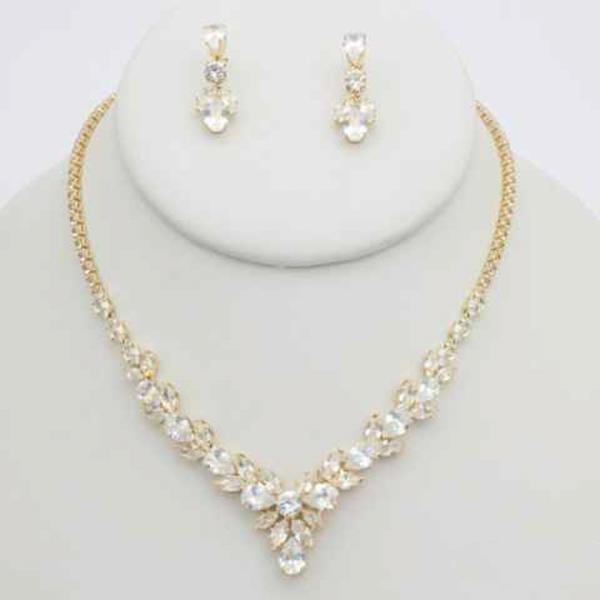 CZ V SHAPE CLUSTER NECKLACE EARRING SET