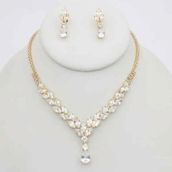 CZ DROP PENDANT V SHAPE NECKLACE EARRING SET