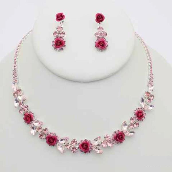 CRYSTAL STONE FLORAL CLUSTER NECKLACE EARRING SET