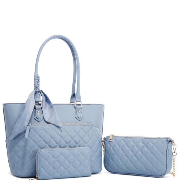 3 IN 1 FAUX LEATHER QUILTED TOTE & CROSSBODY BAG WALLET SET
