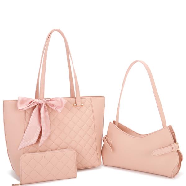 3 IN 1 FAUX LEATHER QUILTED SHOPPER & SHOULDER BAG WALLET SET