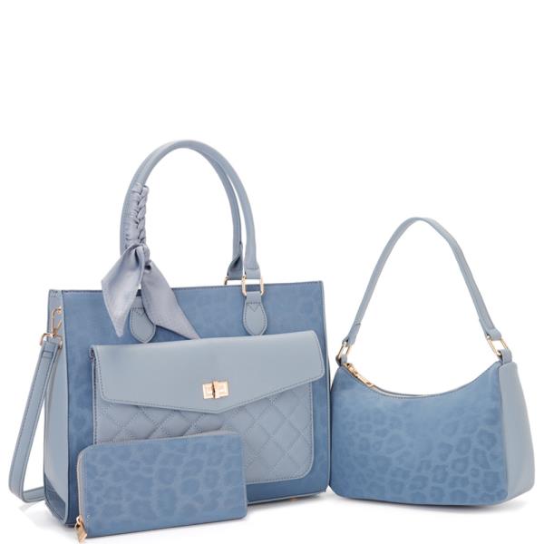 3 IN 1 QUILTED LEOPARD PRINT TOTE & SHOULDER BAG WALLET SET
