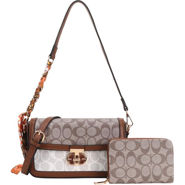 2IN1 MONOGRAM FAUX LEATHER SHOULDER CROSSBODY BAG WALLET SET