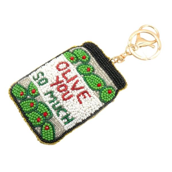 SEED BEAD OLIVE YOU SO MUCH JAR KEYCHAIN