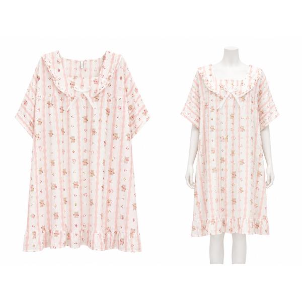 STRIPE FLOWER PRINT RUFFLE TRIM SHORT SLEEVE LOOSE PAJAMA DRESS