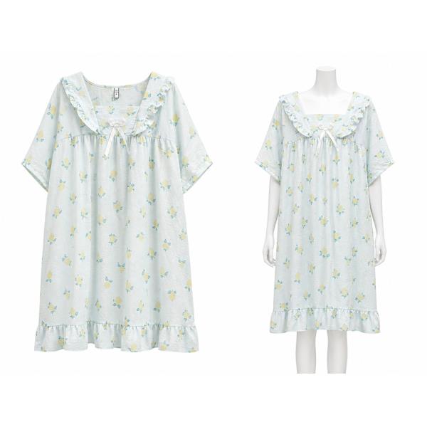 LEMON PRINT RUFFLE TRIM SHORT SLEEVE LOOSE PAJAMA DRESS