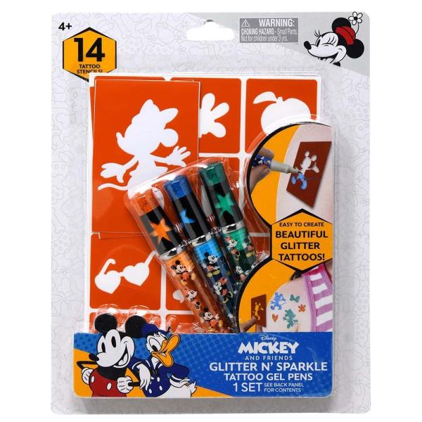 MICKEY & MINNIE GLITTER SPARKLE TATTOO SET BLISTERCARD 3 PENS 1 STENCIAL SHEET 2 STENCIAL