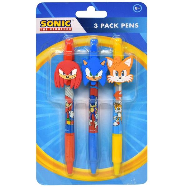 SONIC 3PK PENS WITH RUBBER CHARACTER CLIP ON CARD