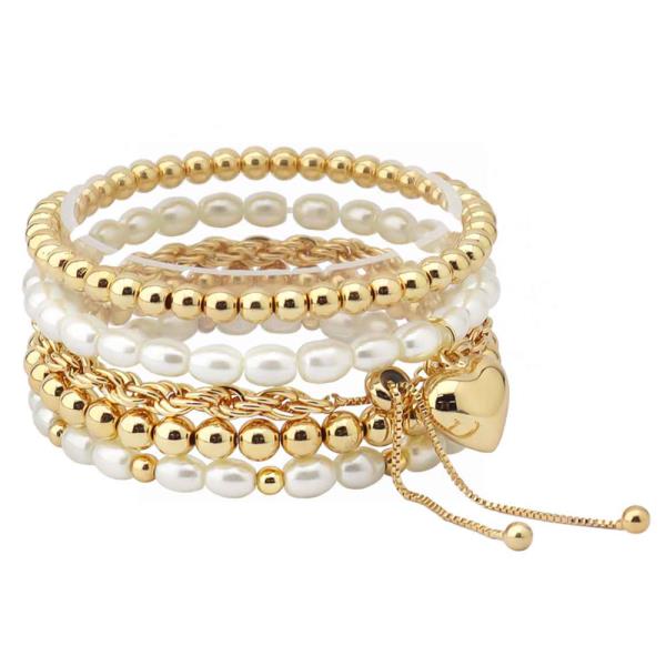 PEARL METAL HEART MULTI STRAND STRETCH BRACELET SET