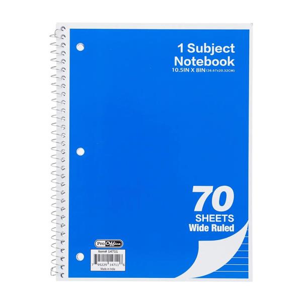 PRO OFFICE 1 SUBJECT WIDE RULED NOTEBOOK, 70 SHEETS, ASSORTED COLORS