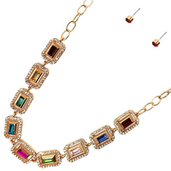 METAL W STONE NECKLACE EARRING SET