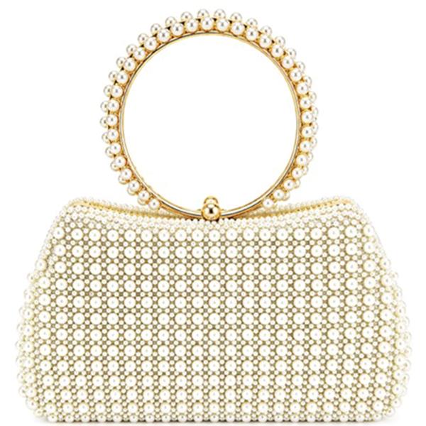 PEARL ALL OVER DESIGN ROUND HANDLE EVENING CLUTCH BAG
