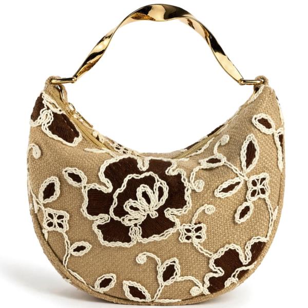 FLORAL EMBROIDERY DESIGN CURVE SHOULDER TOTE BAG