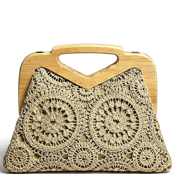 CIRCULAR PATTERN DESIGN WOODEN HANDLE CLUTCH BAG