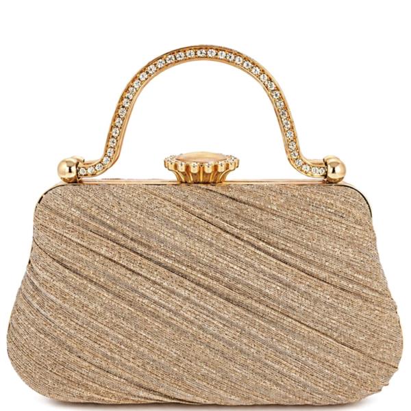 EMBELLISHED RHINESTONE PLEATED HANDLE EVENING CLUTCH BAG