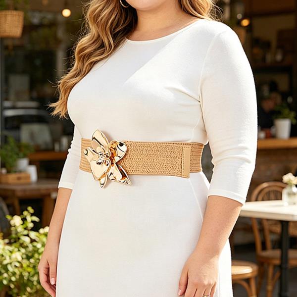 FAUX STRAW BIG FLOWER METAL BUCKLE ELASTIC BELT