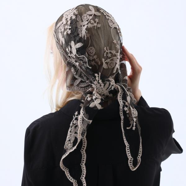 SHEER FLORAL EMBRAIDED LACE HEADSCARF RETRO TRIANGLE KERCHIEF HEAD WRAP