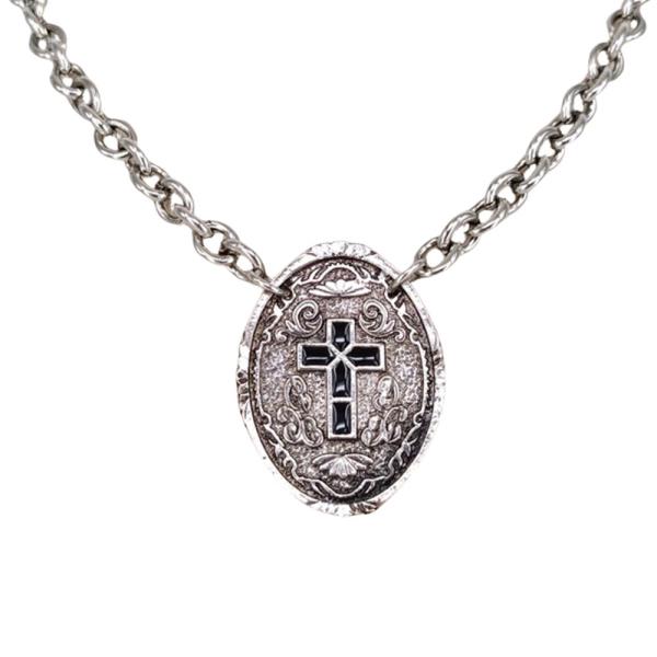 RHINESTONE CROSS OVAL PENDANT CHAIN NECKLACE