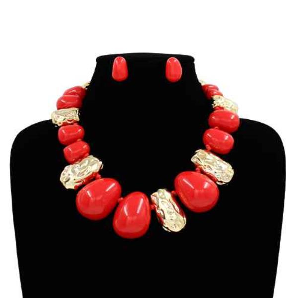 STONE METAL BEAD STATEMENT NECKLACE EARRING SET