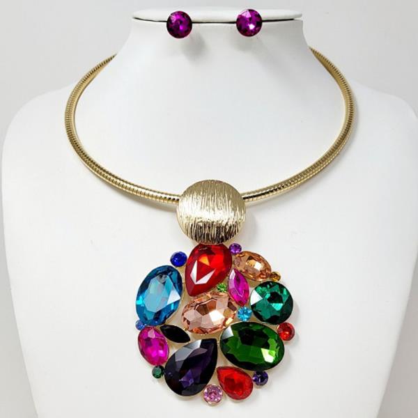 CRYSTAL STONE FLOWER STATEMENT NECKLACE EARRING SET