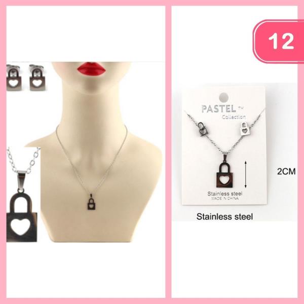 STAINLESS STEEL HEART LOCK PENDANT NECKLACE EARRING SET (12 UNITS)