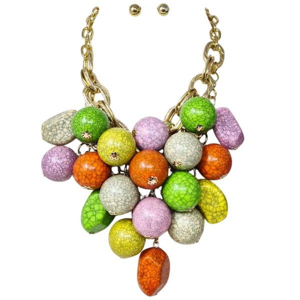 MULTI COLOR GLITTER BALL STATEMENT NECKLACE EARRING SET
