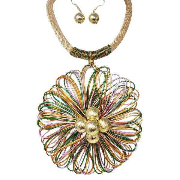 METAL FLOWER PEARL STATEMENT NECKLACE EARRING SET
