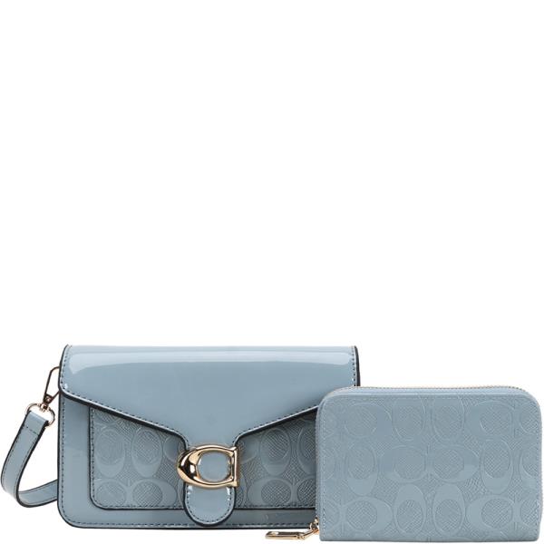 FAUX LEATHER MONOGRAM PATTERN BUCKLE CROSSBODY BAG WALLET SET