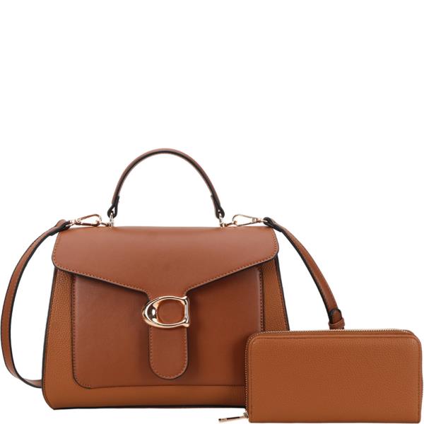 2IN1 FAUX LEATHER METAL BUCKLE TOP HANDLE SATCHEL BAG WALLET SET
