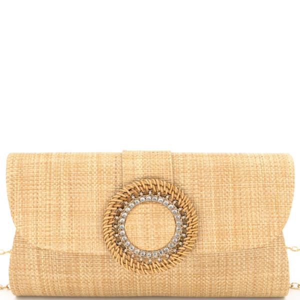 RHINESTONE STRAW RATTAN BUCKLE CLUTCH BAG