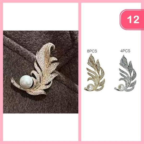 PEARL RHINESTONE FEATHER BROOCH (12 UNITS)